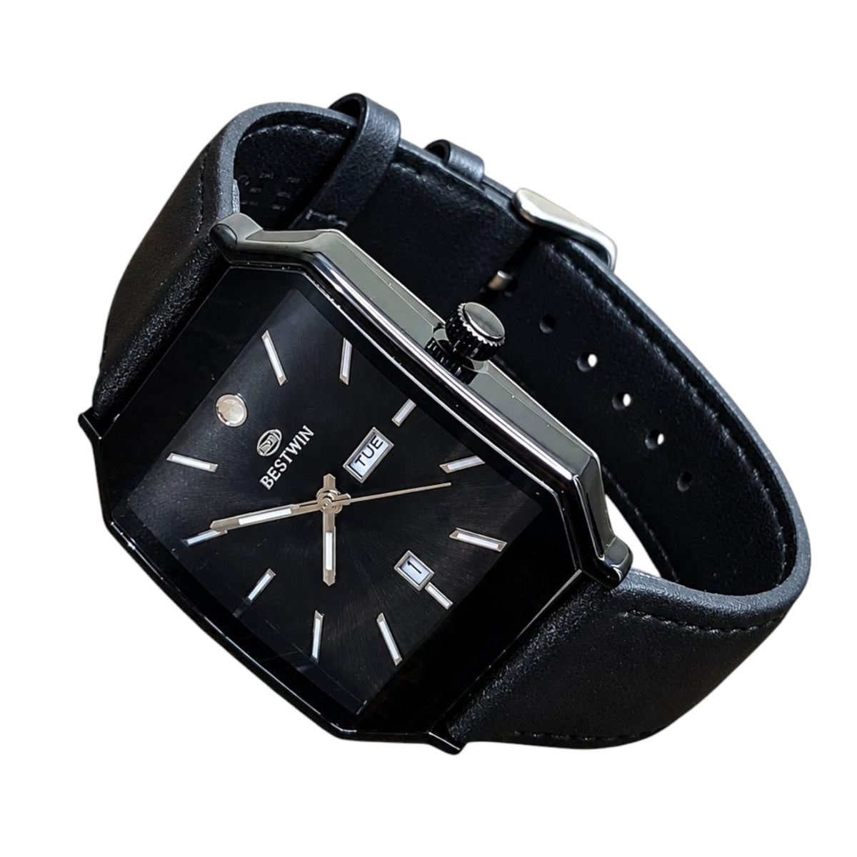 BESTWIN Noir Elegance - Premium Rectangular Day-Date Quartz Watch for Men - Black Leather Strap
