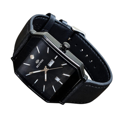 BESTWIN Noir Elegance - Premium Rectangular Day-Date Quartz Watch for Men - Black Leather Strap
