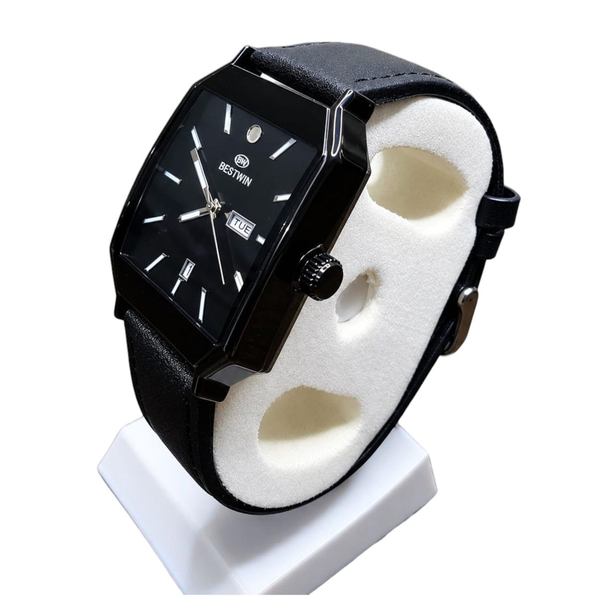 BESTWIN Noir Elegance - Premium Rectangular Day-Date Quartz Watch for Men - Black Leather Strap