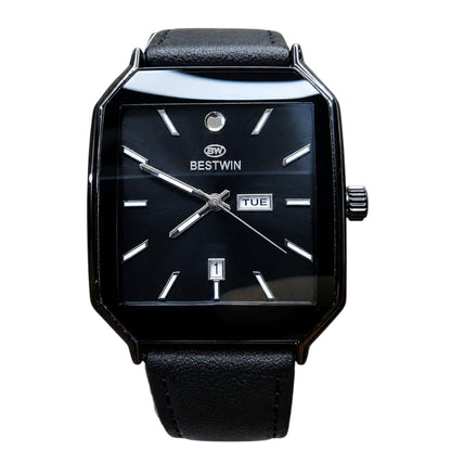 BESTWIN Noir Elegance - Premium Rectangular Day-Date Quartz Watch for Men - Black Leather Strap