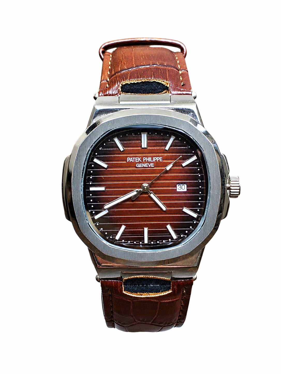 Nautilus Classic Brown Gradient Dial Luxury Watch - Silver Stainless Steel Case with Crocodile Leather Strap