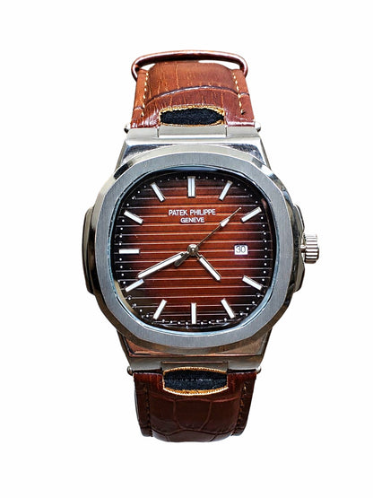 Nautilus Classic Brown Gradient Dial Luxury Watch - Silver Stainless Steel Case with Crocodile Leather Strap