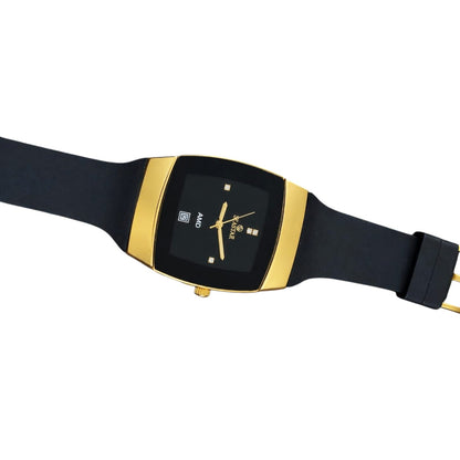 Seastar Men's Tonneau Watch with Date, Gold and Black Dial, Silicone Strap