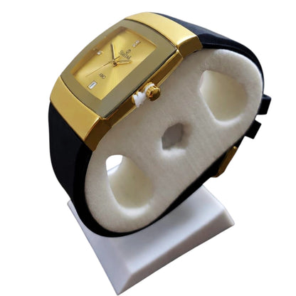 Seastar Men's Tonneau Watch with Date, Gold and Black Dial, Silicone Strap