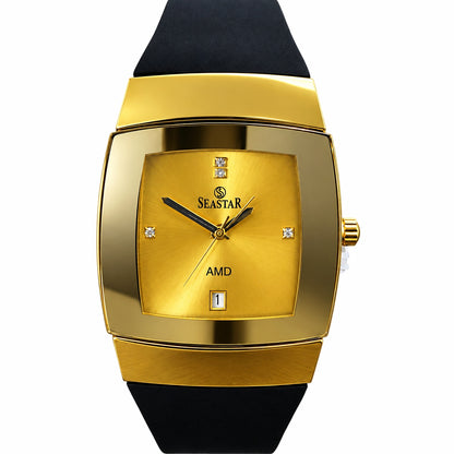 Seastar Men's Tonneau Watch with Date, Gold and Black Dial, Silicone Strap