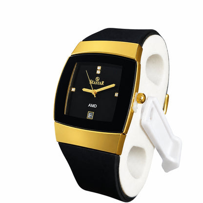 Seastar Men's Tonneau Watch with Date, Gold and Black Dial, Silicone Strap