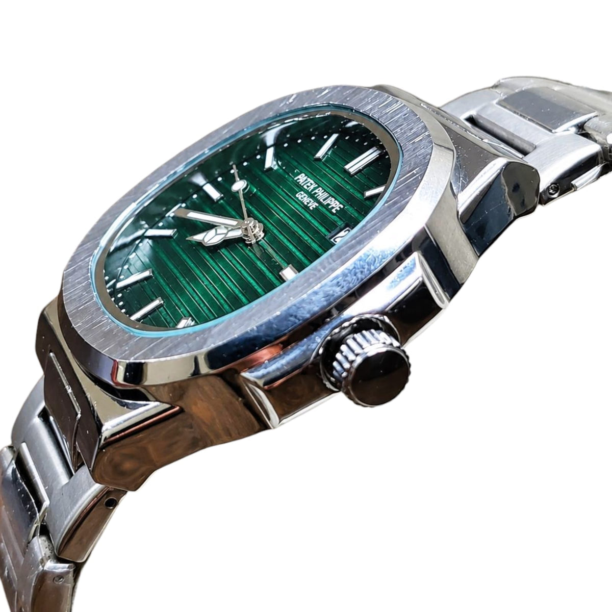 Luxury Nautilus-Style Stainless Steel Watch - Green, White & Black Dial