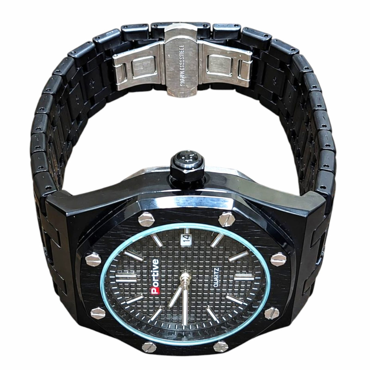 Portive Men’s Black Octagonal Stainless Steel Quartz Watch