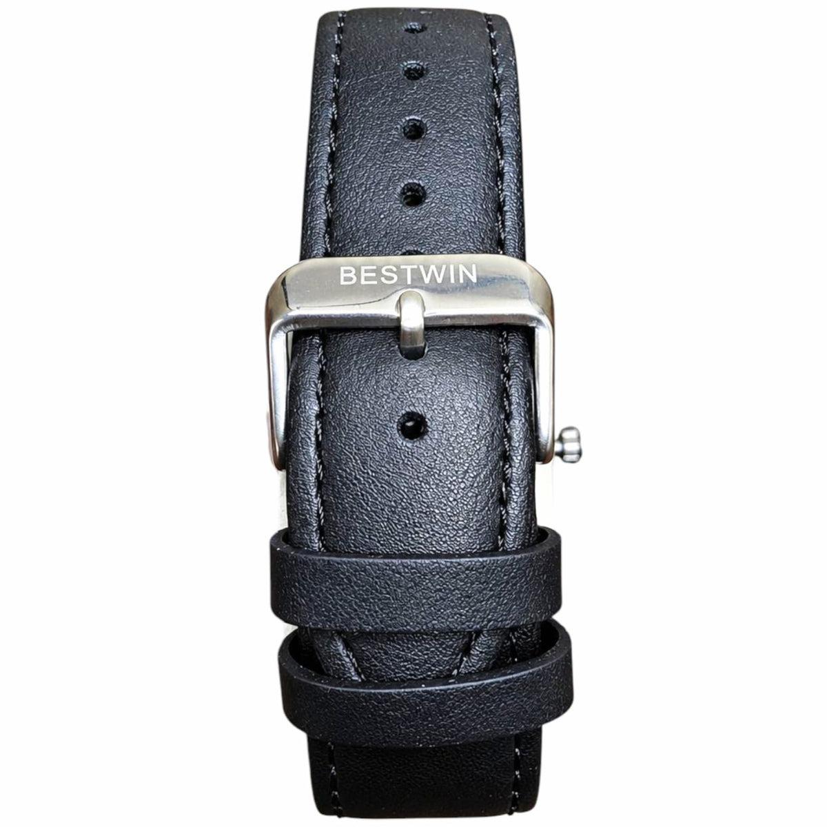 BESTWIN Noir Elegance - Premium Rectangular Day-Date Quartz Watch for Men - Black Leather Strap