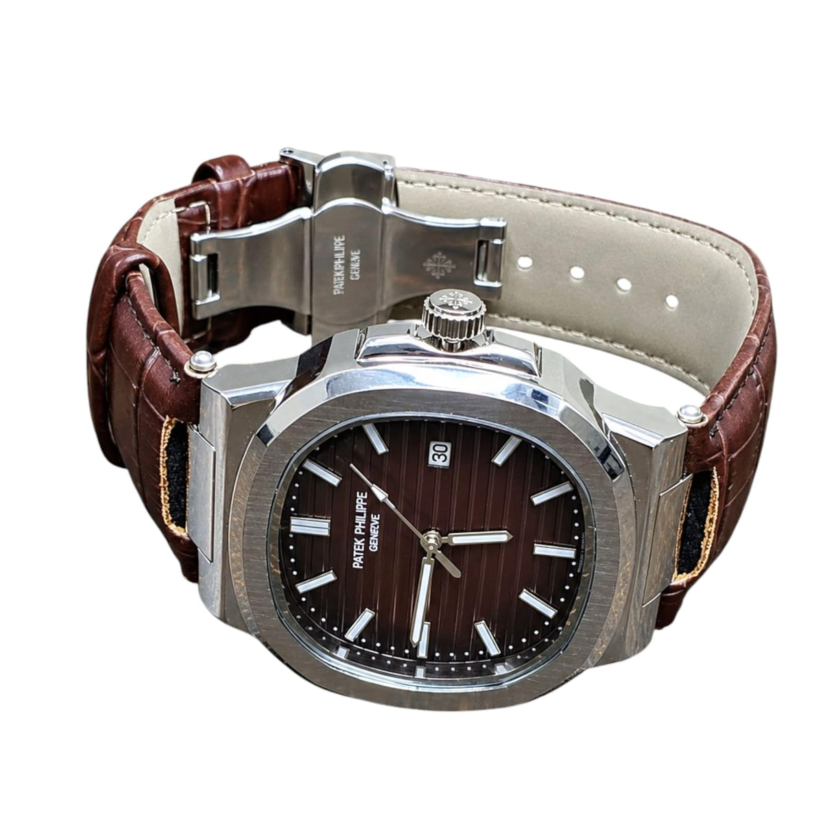 Nautilus Classic Brown Gradient Dial Luxury Watch - Silver Stainless Steel Case with Crocodile Leather Strap