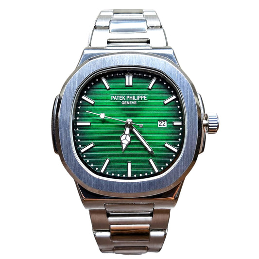 Luxury Nautilus-Style Stainless Steel Watch - Green, White & Black Dial